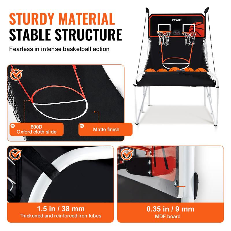Foldable Basketball Arcade Game, 2 Player Indoor Basketball Game, Home Dual Shot Sport with 5 Balls, 8 Game Modes, Electronic Scoreboard, and Inflation Pump, for Kids, Adults (Black & White)