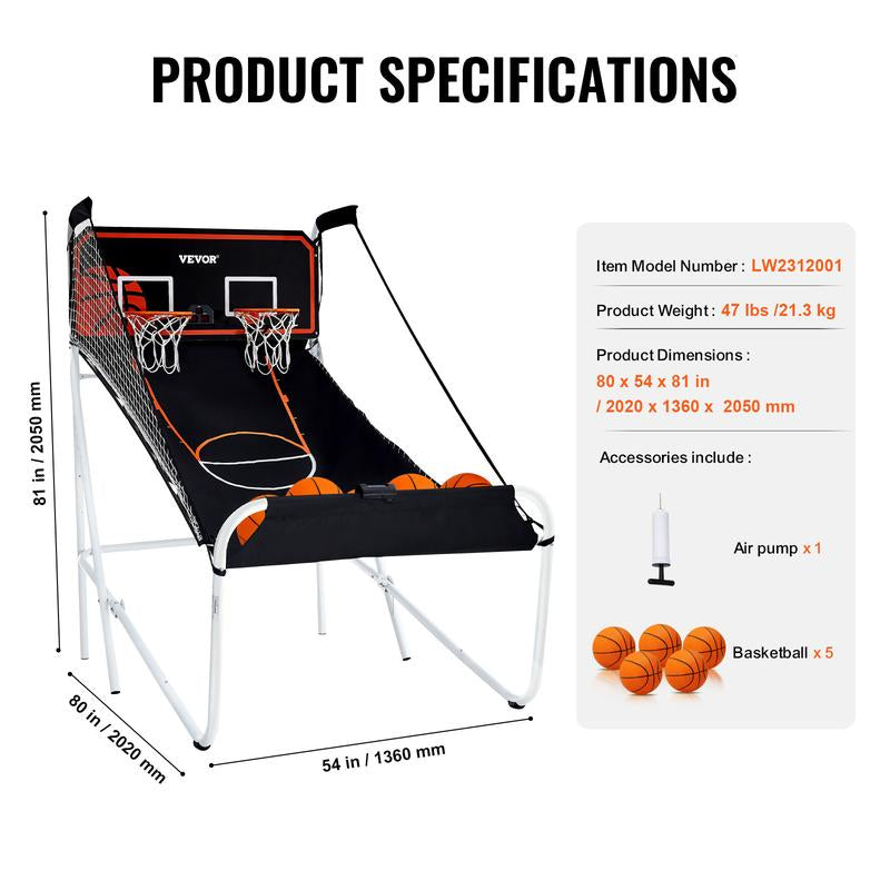 Foldable Basketball Arcade Game, 2 Player Indoor Basketball Game, Home Dual Shot Sport with 5 Balls, 8 Game Modes, Electronic Scoreboard, and Inflation Pump, for Kids, Adults (Black & White)
