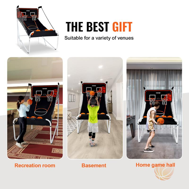 Foldable Basketball Arcade Game, 2 Player Indoor Basketball Game, Home Dual Shot Sport with 5 Balls, 8 Game Modes, Electronic Scoreboard, and Inflation Pump, for Kids, Adults (Black & White)